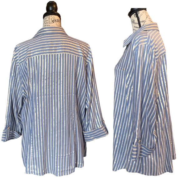 Free w/ Purchase Anne Klein Zip Up 3/4 Sleeve Blouse Blue Gray Gold Striped XL - Picture 2 of 16